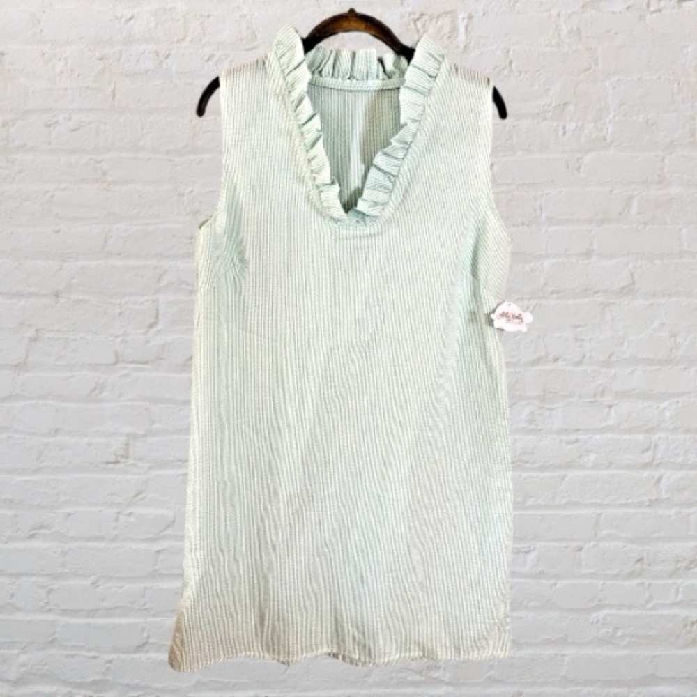 NWT LOLLY WOOLY DOODLE SEERSUCKER Ruffled Sleeveless Top in Light Green LARGE